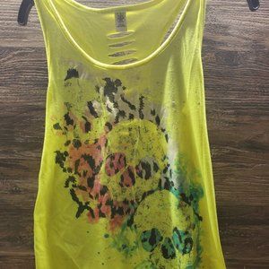 women's Size Large Skull Tanktop Gym Biker Tanktop florescent yellow